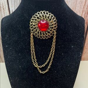 Vintage Gold Brooch with Ruby Red Center Stone and 2 Chains